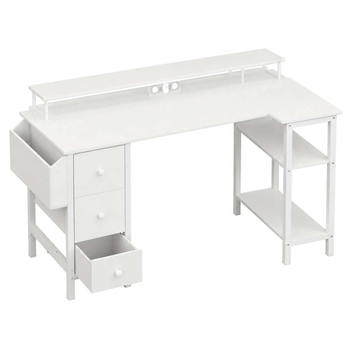 Scrivania Angolare Bianca con Cassetti e Porte USB, 140x68 cm