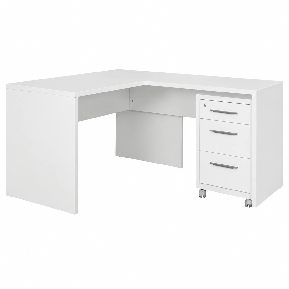 Scrivania Angolare con Cassettiera a Serratura, Design Moderno Italiano, Bianco Laccato