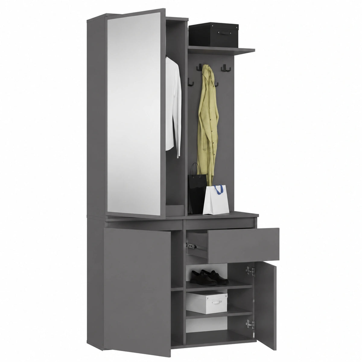 Set Ingresso Moderno con Armadio a Specchio, Scarpiera e Appendiabiti, 95x183x35 cm, Grigio