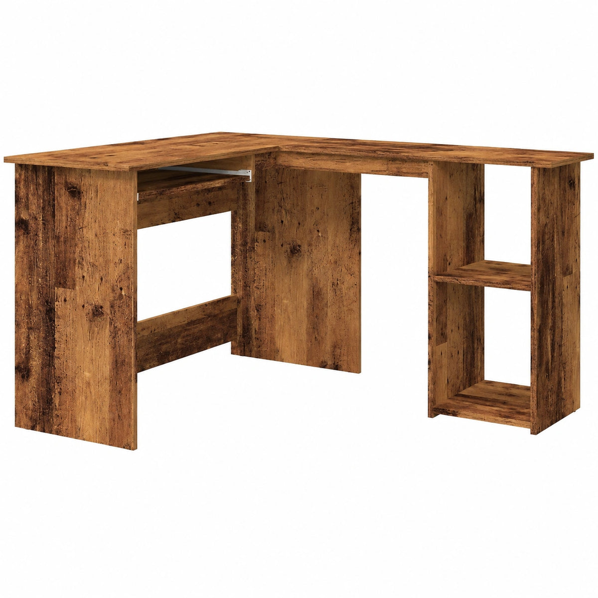 Scrivania angolare in legno vintage con ripiano estraibile e scomparti aperti, 120x140x75 cm