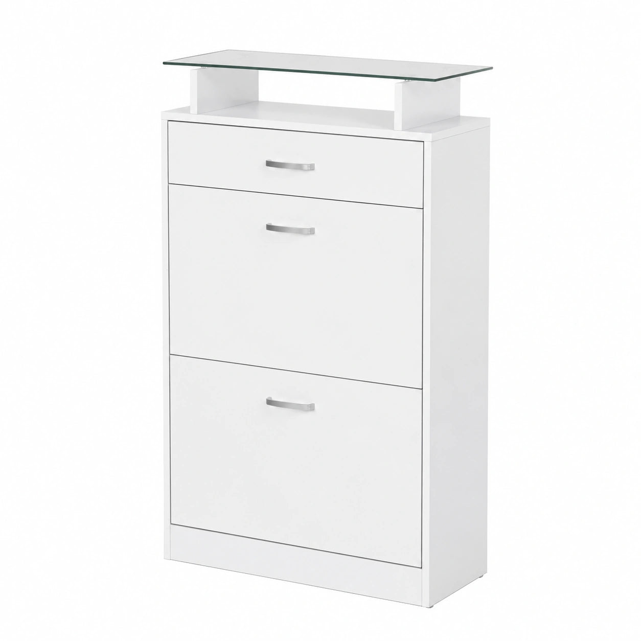 Scarpiera Moderna in Legno Bianco con 2 Ante e Ripiano in Vetro, Ideale per Ingresso, 60x24x105.5 cm