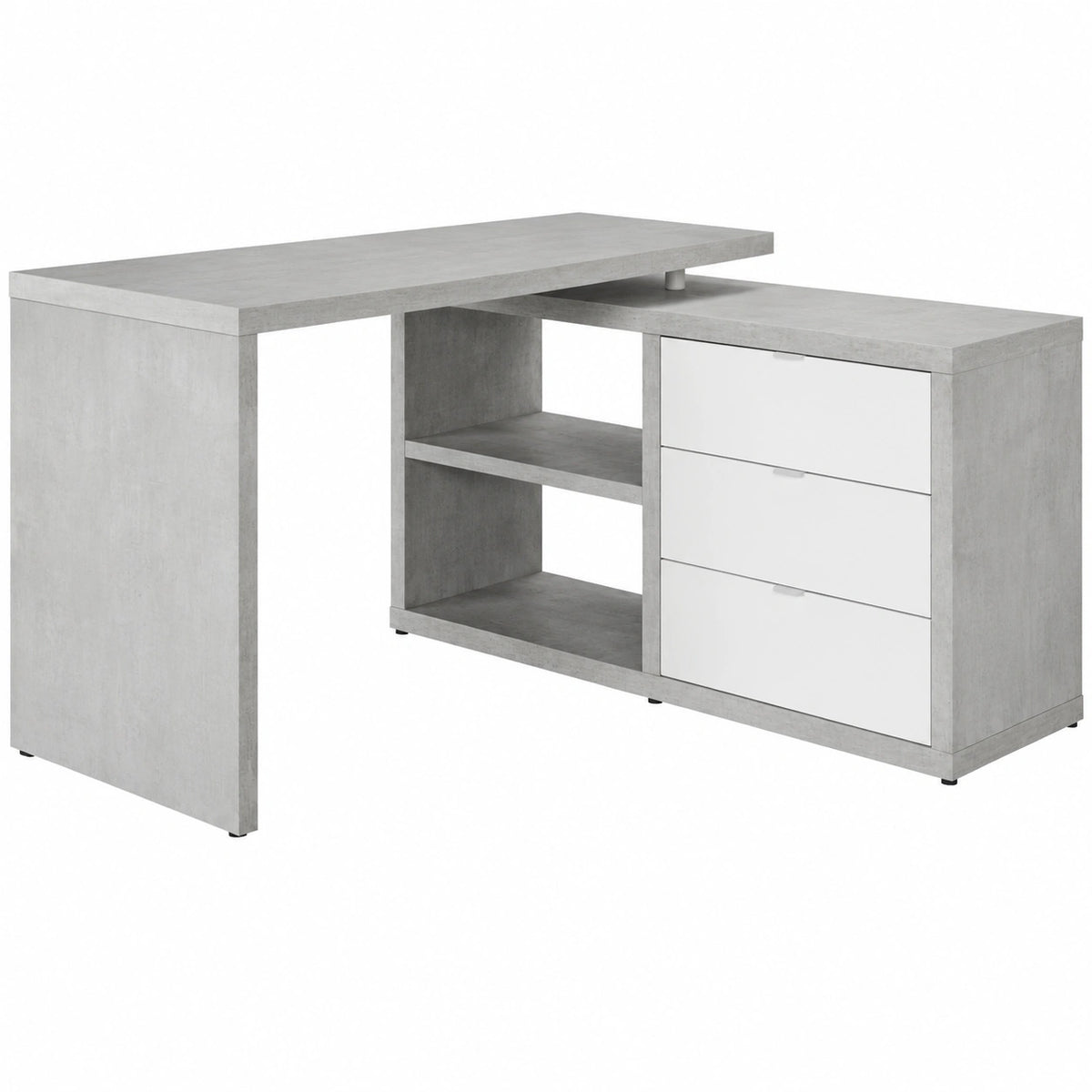 Composad Scrivania Angolare con Libreria e 3 Cassetti, 140x74x150 cm, Cemento e Bianco