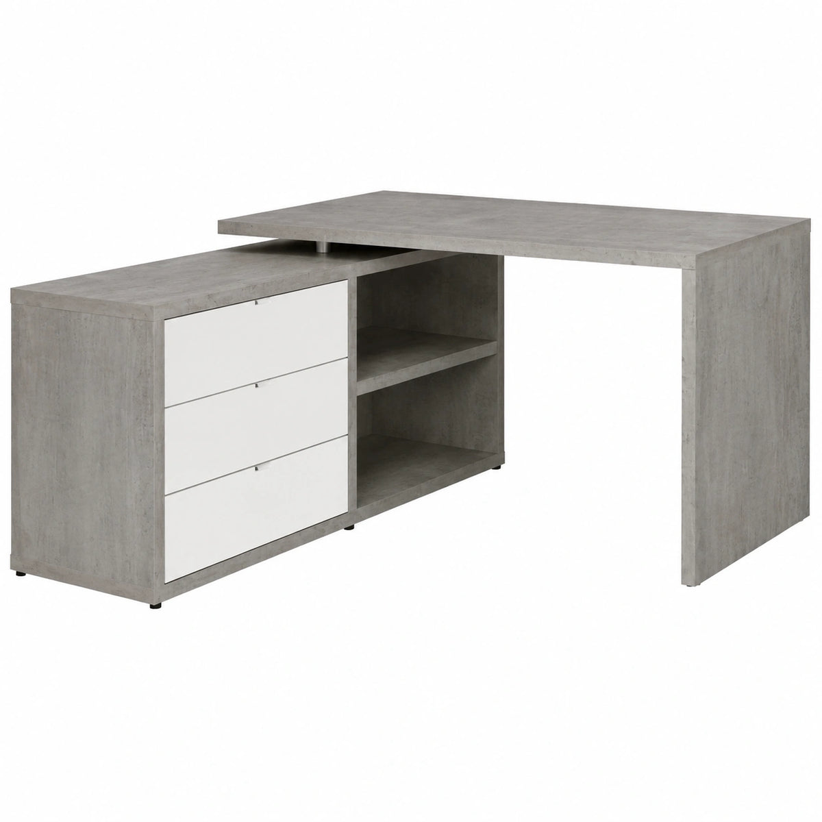 Scrivania Angolare Pratica con Libreria, 3 Cassetti e 2 Vani, Colore Cemento e Bianco Laccato, 140x74,2x150 cm, Made in Italy