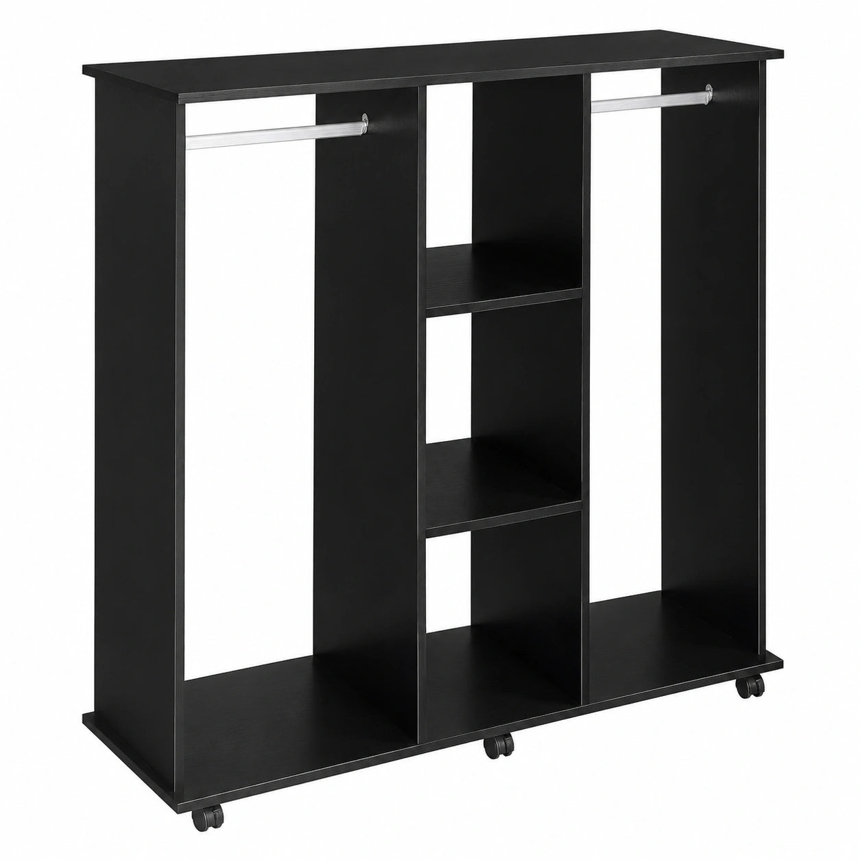 Appendiabiti Mobile HOMCOM con 6 Ruote, 5 Ripiani e 2 Aste in Legno e Alluminio, Nero