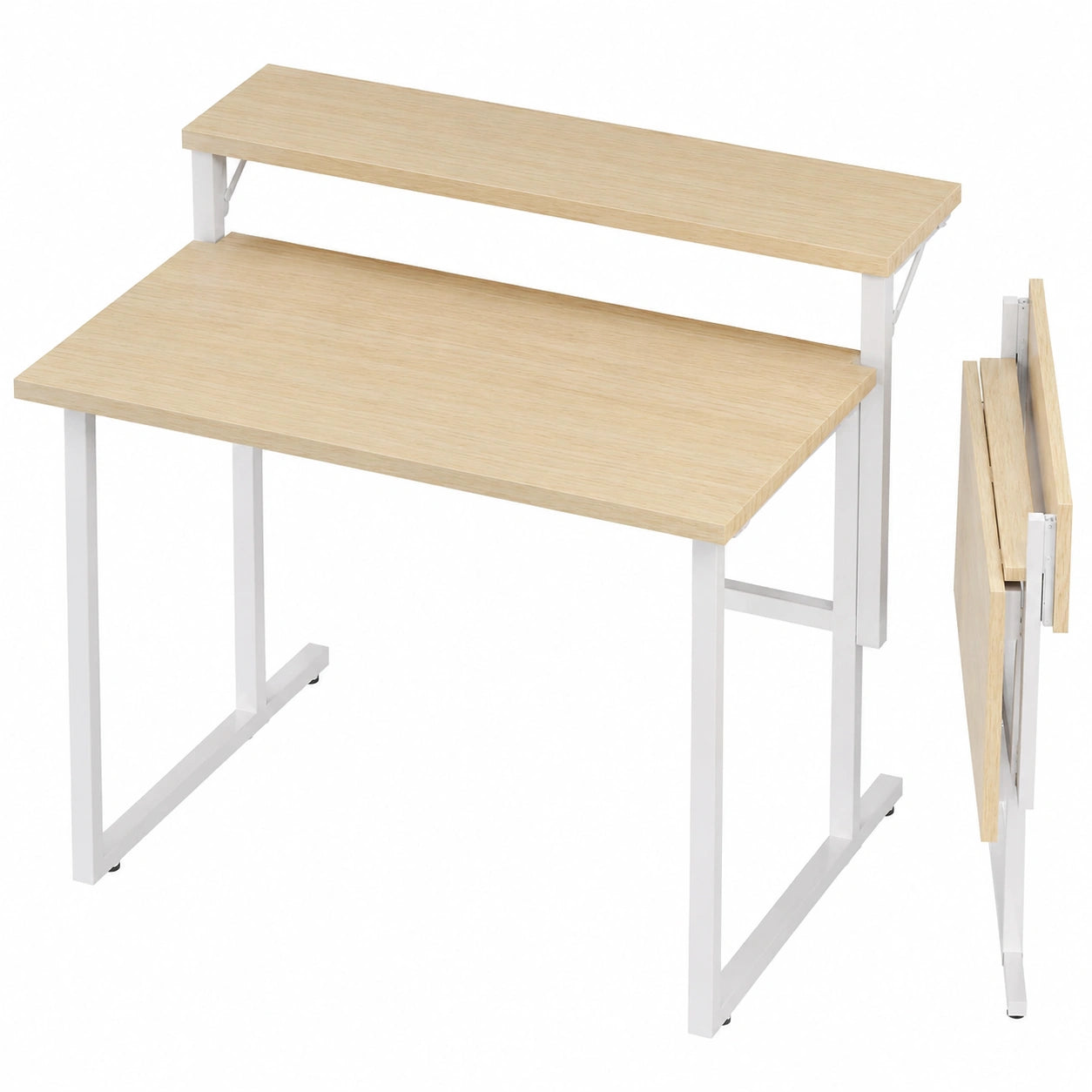Scrivania Compatta in Legno Doppio Livello con Supporto Monitor, 80 x 62 cm, Tavolo Pieghevole Salvaspazio per Ufficio e Studio, Colore Beige