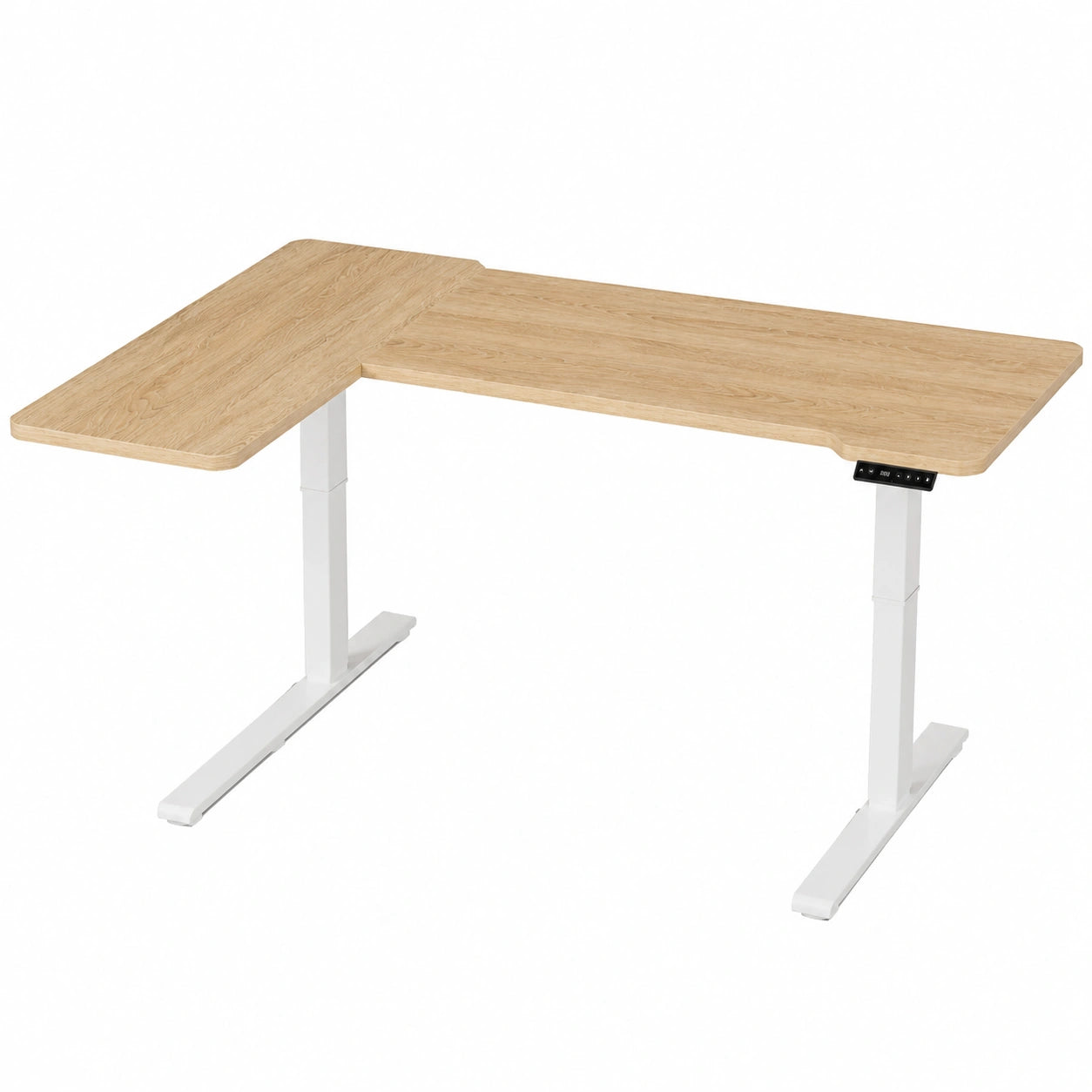 Scrivania Angolare Regolabile Elettricamente 150x100 cm, con Ganci e Portabicchieri, Colore Legno Chiaro