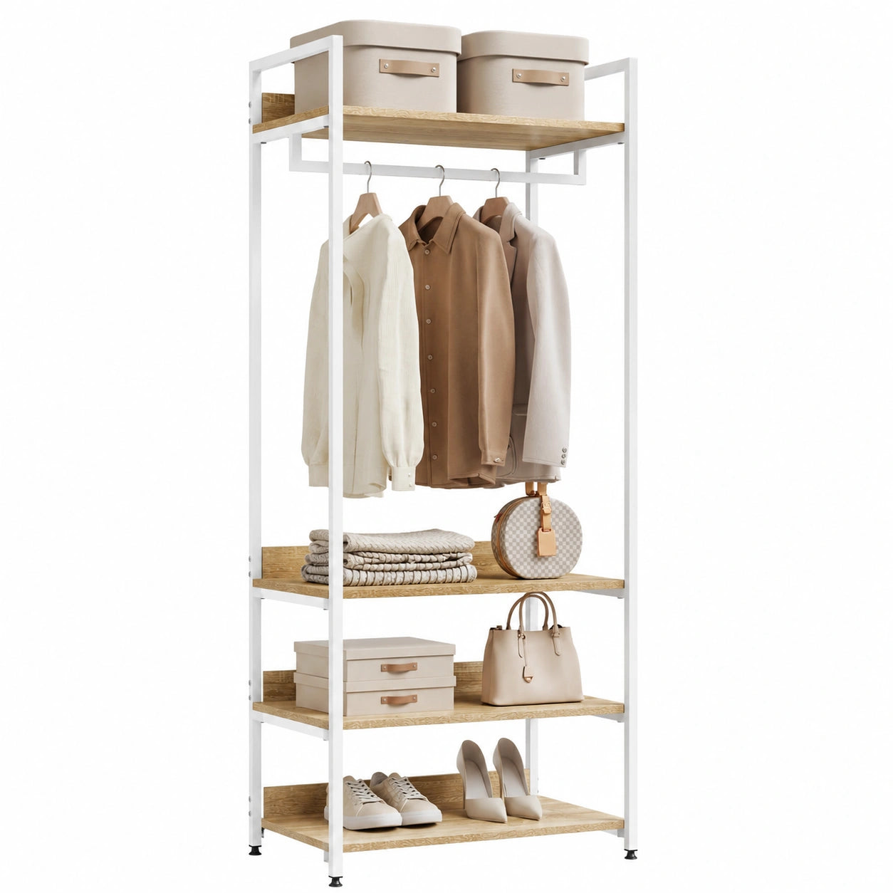 Appendino Multifunzionale in Legno e Acciaio con Scaffali e Scarpiera 60x40x170 cm