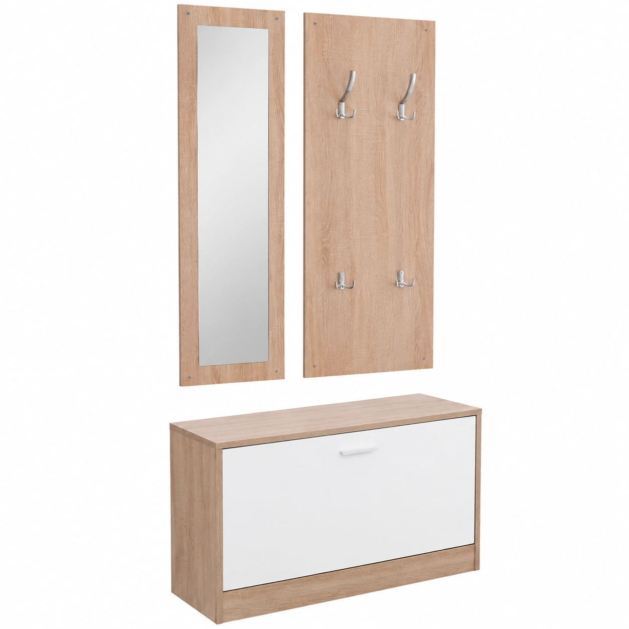 Set Arredo Ingresso 3 Pezzi in Legno e Bianco: Panca Scarpiera, Appendiabiti e Specchio