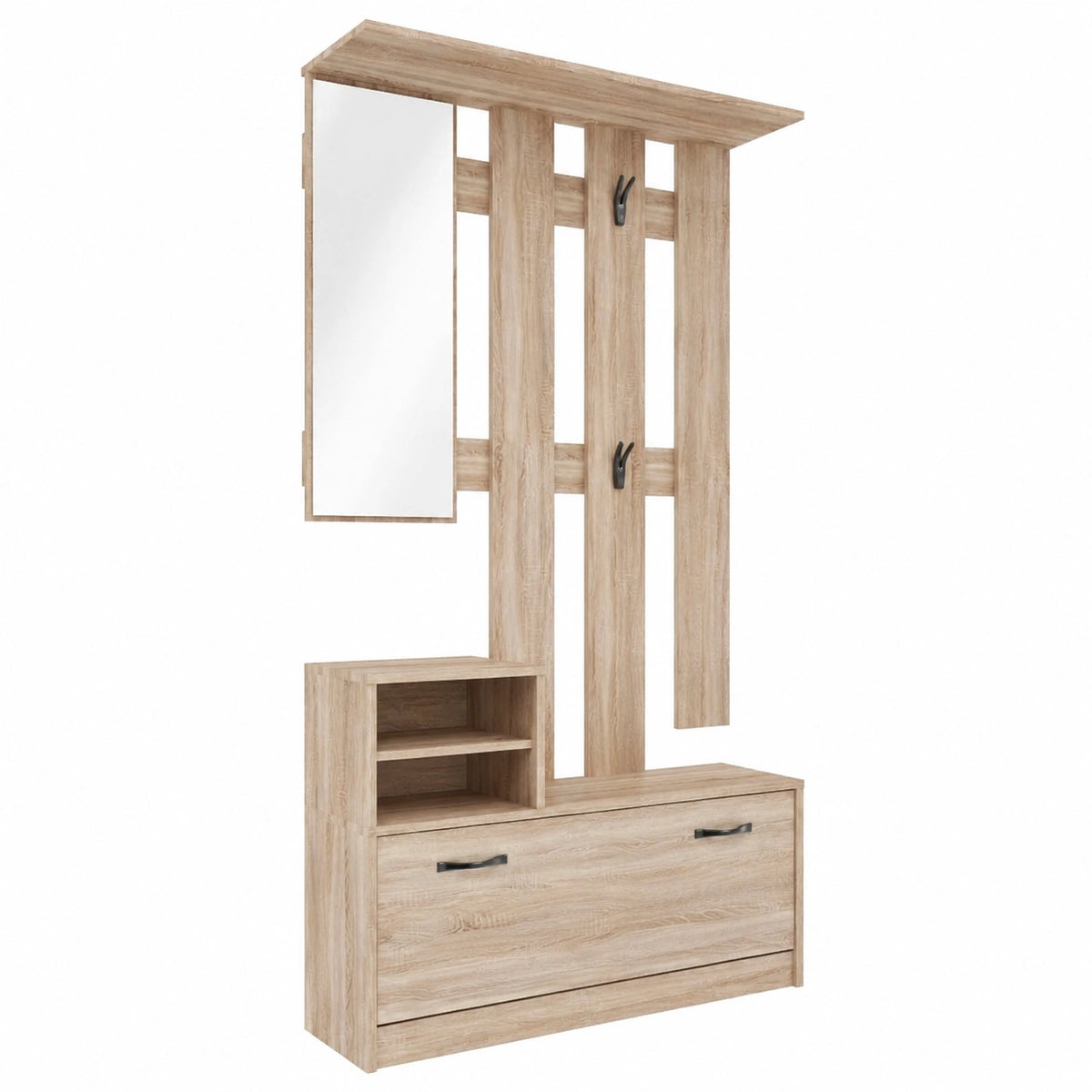 EGLEMTEK Set Ingresso Moderno con Specchio e Scarpiera, Appendiabiti con 6 Ganci, Armadio Compatto per Corridoio, Design Rovere 160x100x24cm