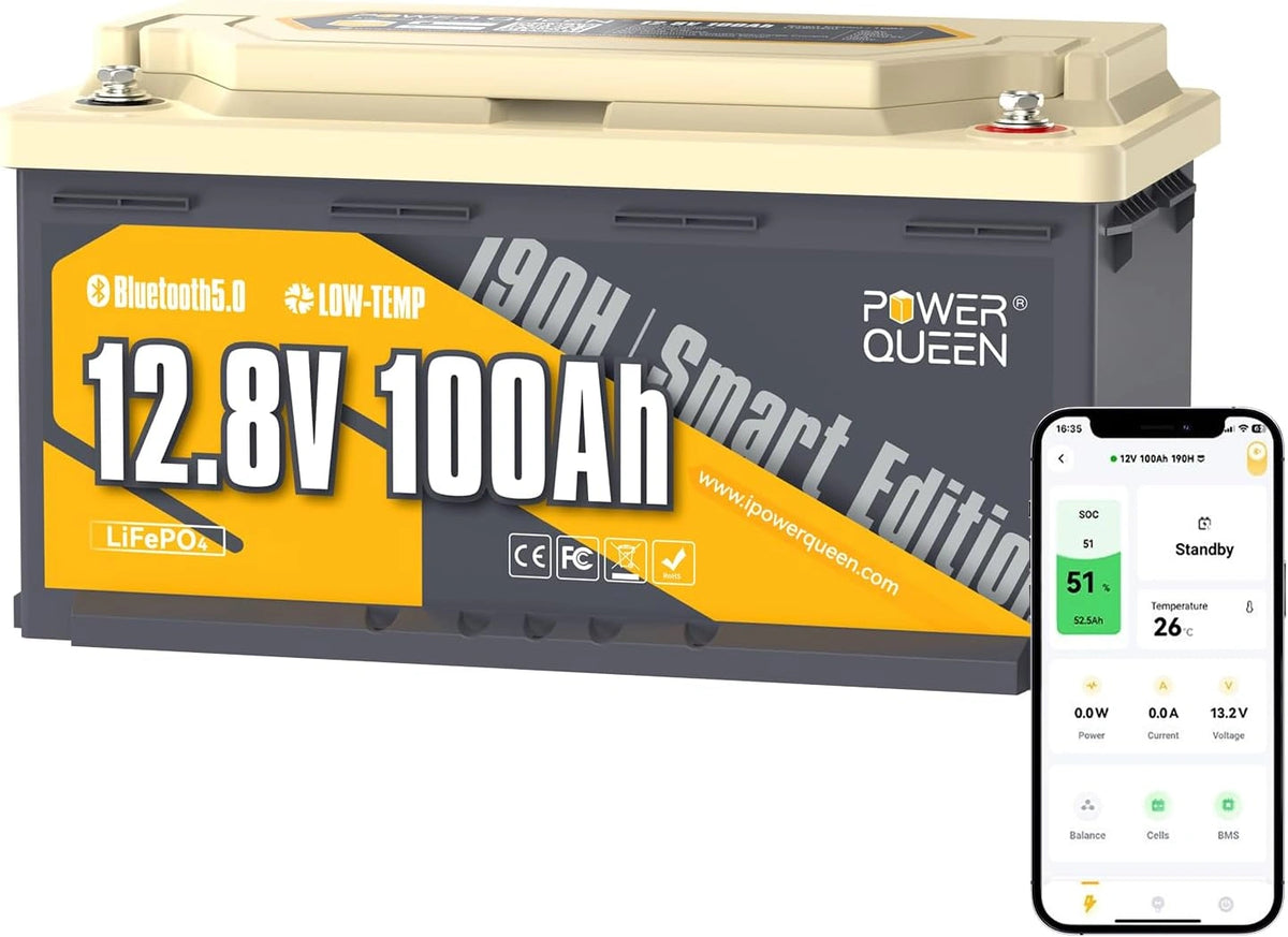 Power, Batteria ricaricabile, 12,8V, 100Ah, 1280Wh, con Bluetooth