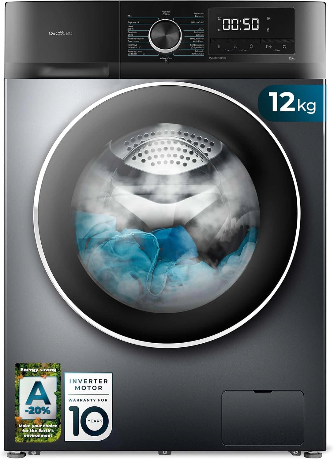 Cecotec, Lavatrice, 12Kg, con display digitale, con tecnologia inverter