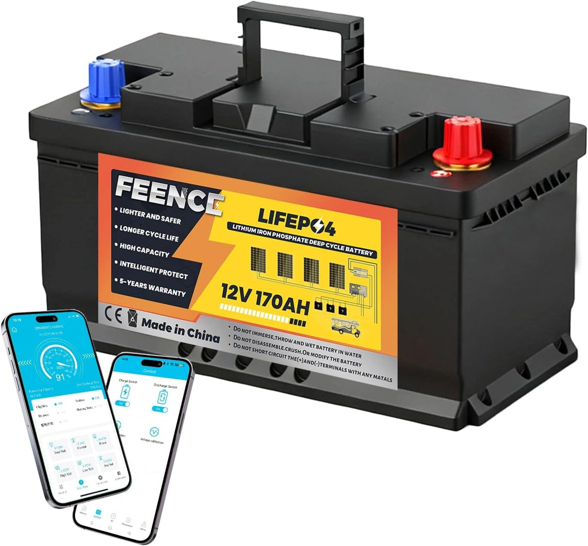 LiFePO4 170Ah, Pannello solare, 170Ah, 12V, 2176 Wh, con Bluetooth