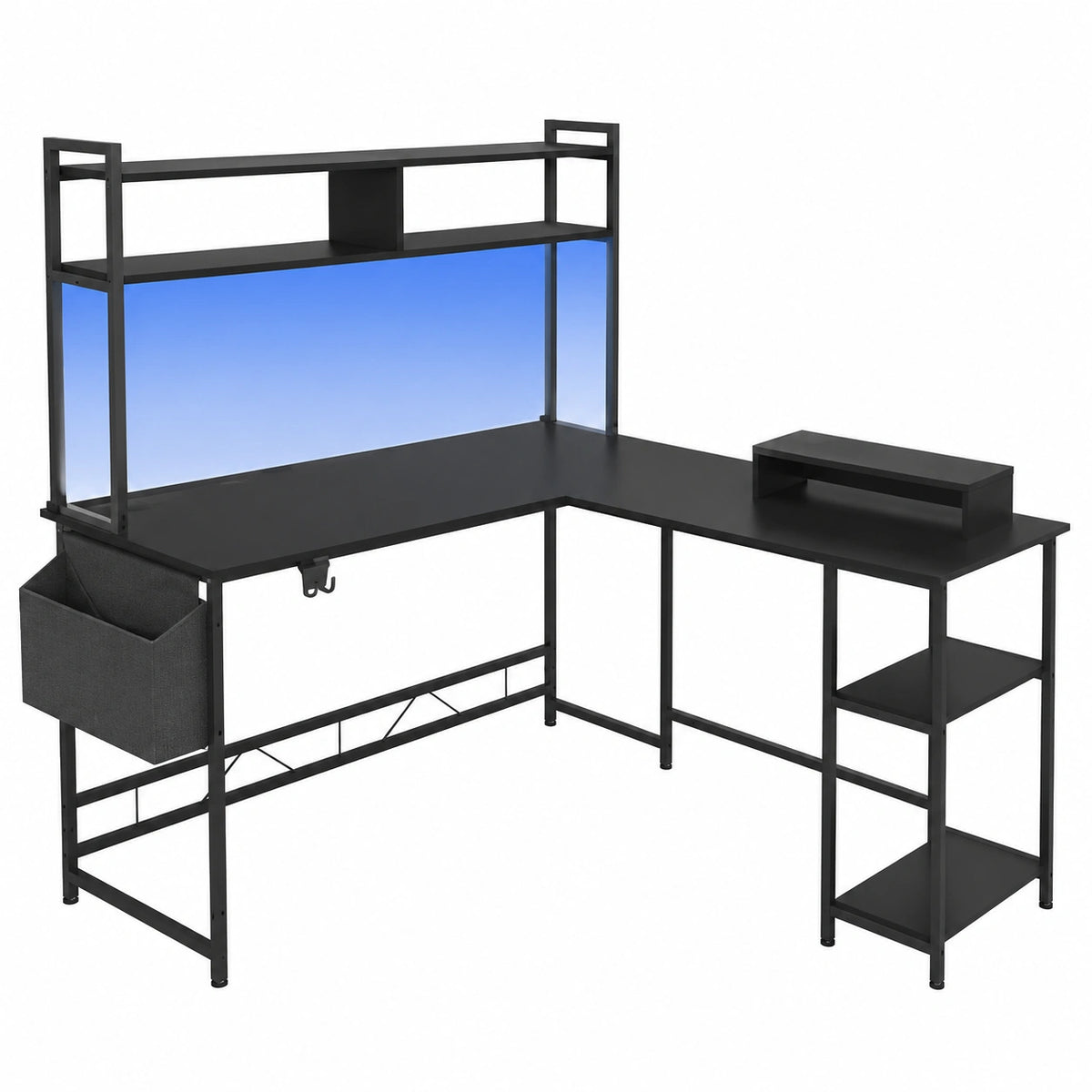 Scrivania Gaming Angolare a L con LED e Porte USB, 120x140 cm, Ripiani Integrati, Nero