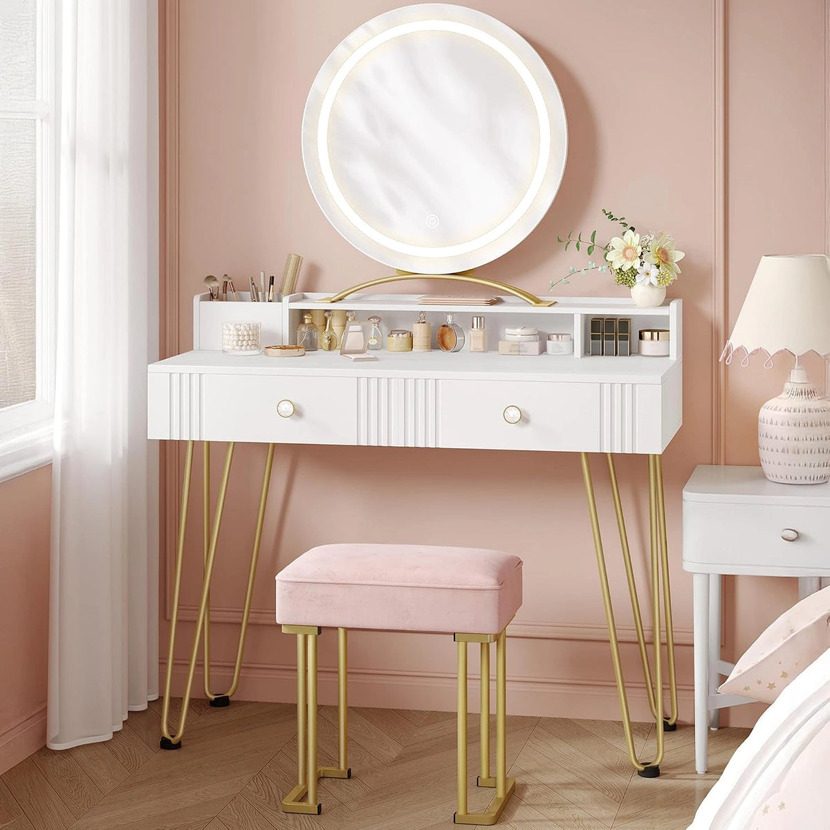 Hzuaneri, Specchio, 140 cm, Bianco/Rosa/Oro