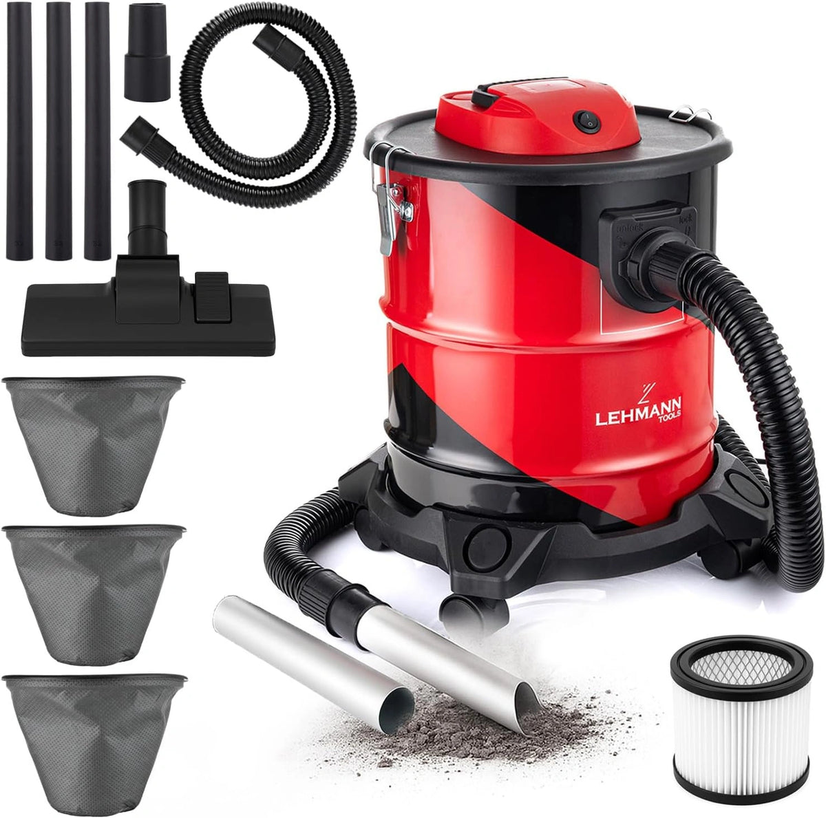 LEHMANN, Aspirapolvere, 2000 W, 20 L, Nero/Argento/Rosso