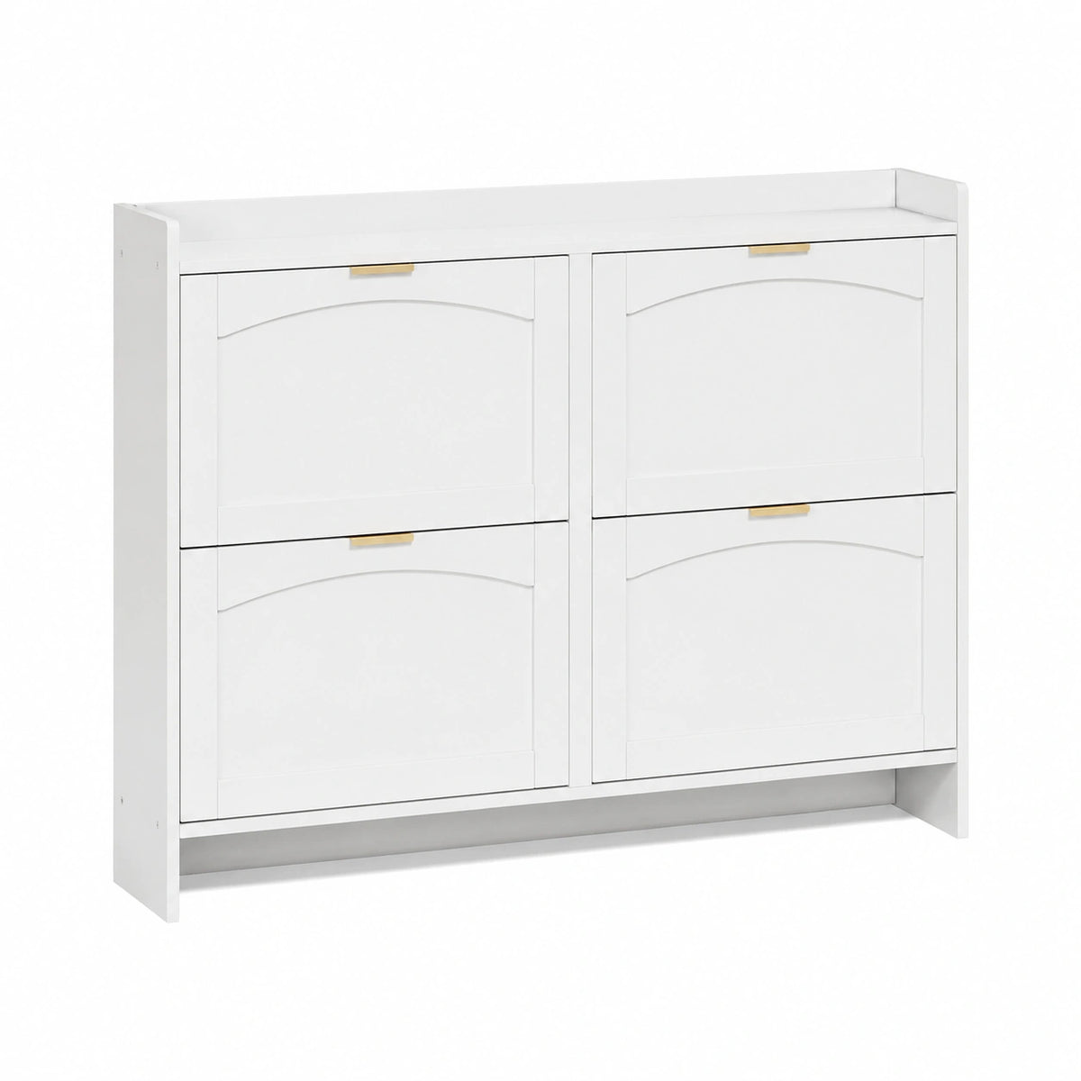 Scarpiera contemporanea con 4 scomparti a ribalta e ripiani aperti, ideale per ingresso o corridoio, dimensioni 110x90x24 cm, colore bianco