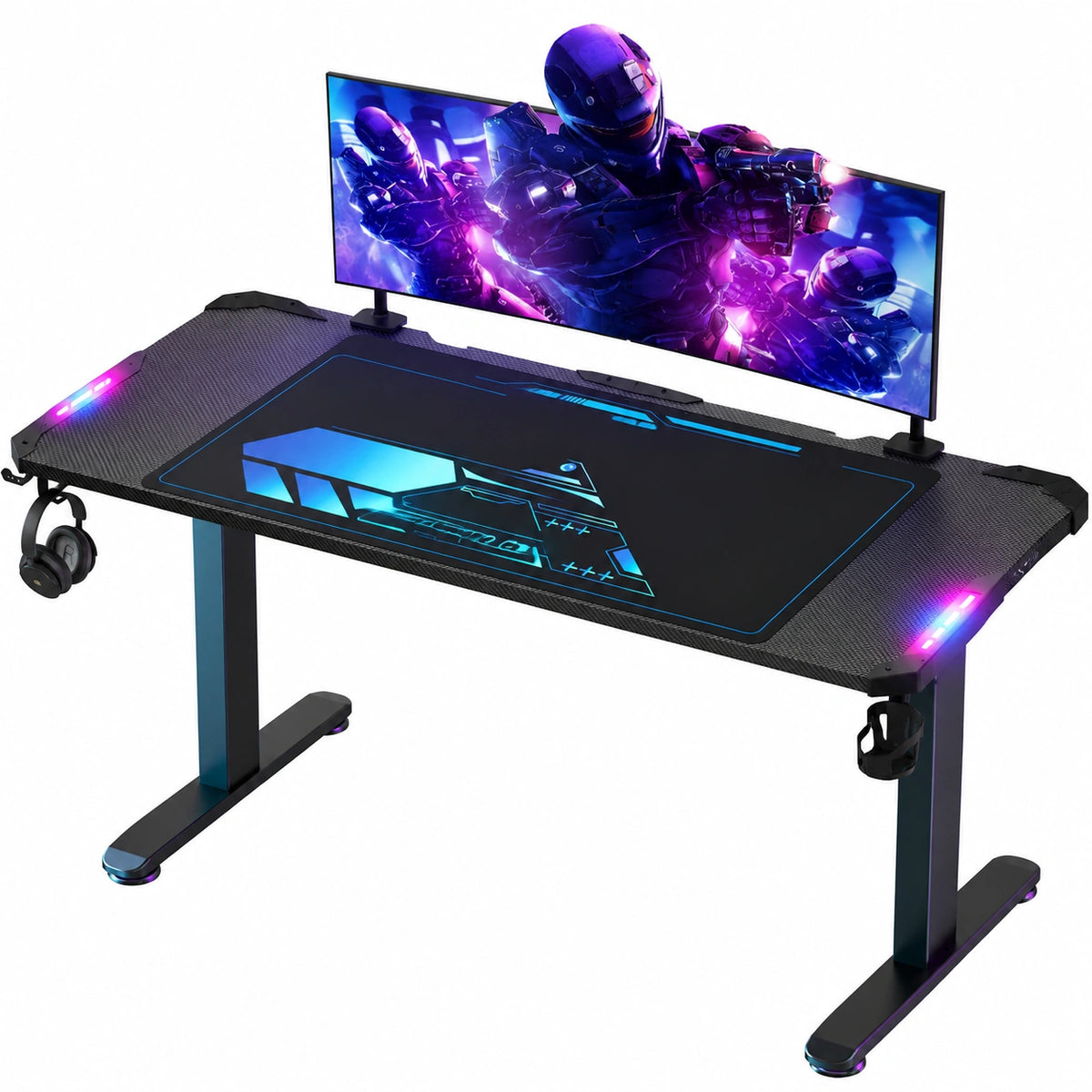 Scrivania da Gaming Ergonomica LED 180x70cm, Tavolo in Fibra di Carbonio con Accessori Integrati, Nero