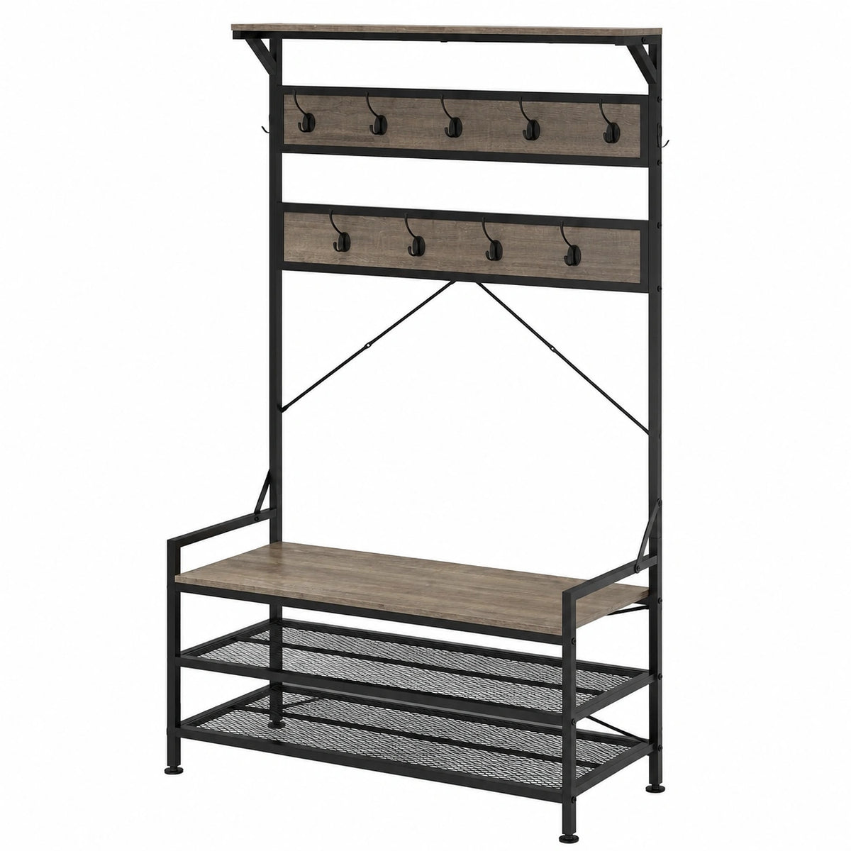 Guardaroba Multifunzionale 4 in 1 con Scarpiera e Panca, Appendiabiti da Ingresso con Ganci e Scaffali, Struttura Robusta in Metallo, 102x40x184 cm, Colore Grigio