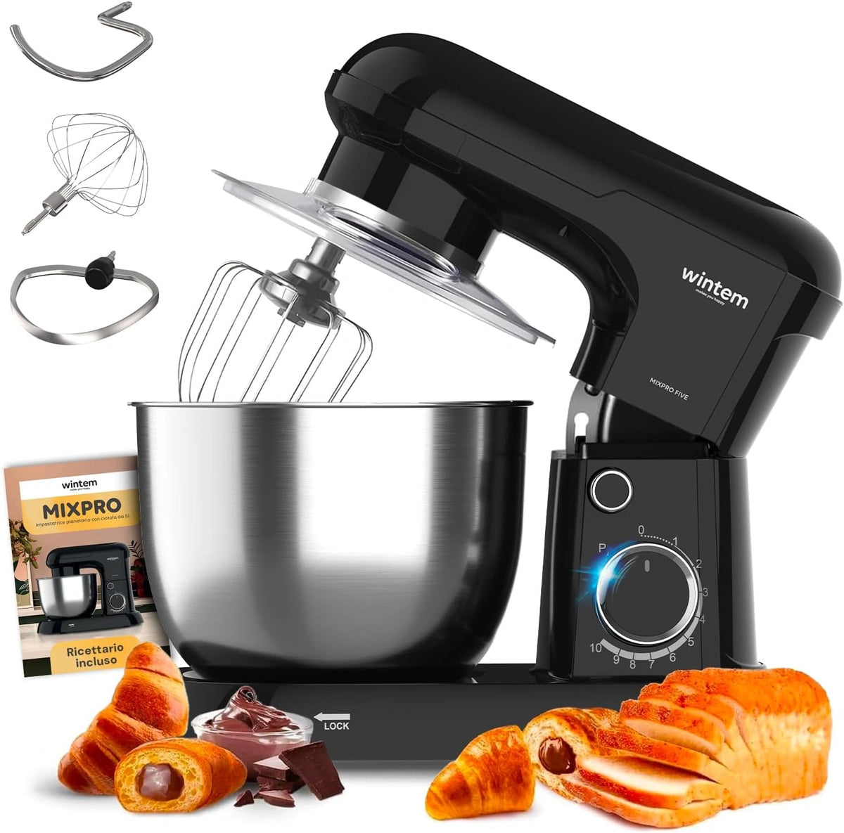 Avilia, Robot da cucina, 1500W, 5L, silenzioso, multifunzione, Nero/Argento