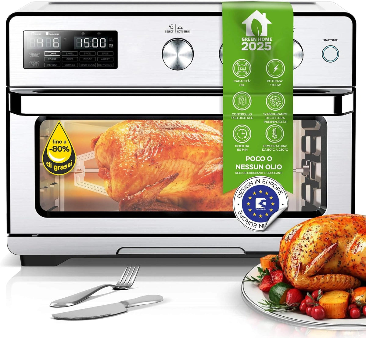 TurboTronic, Friggitrice ad aria, 1700W, 32L, multifunzione