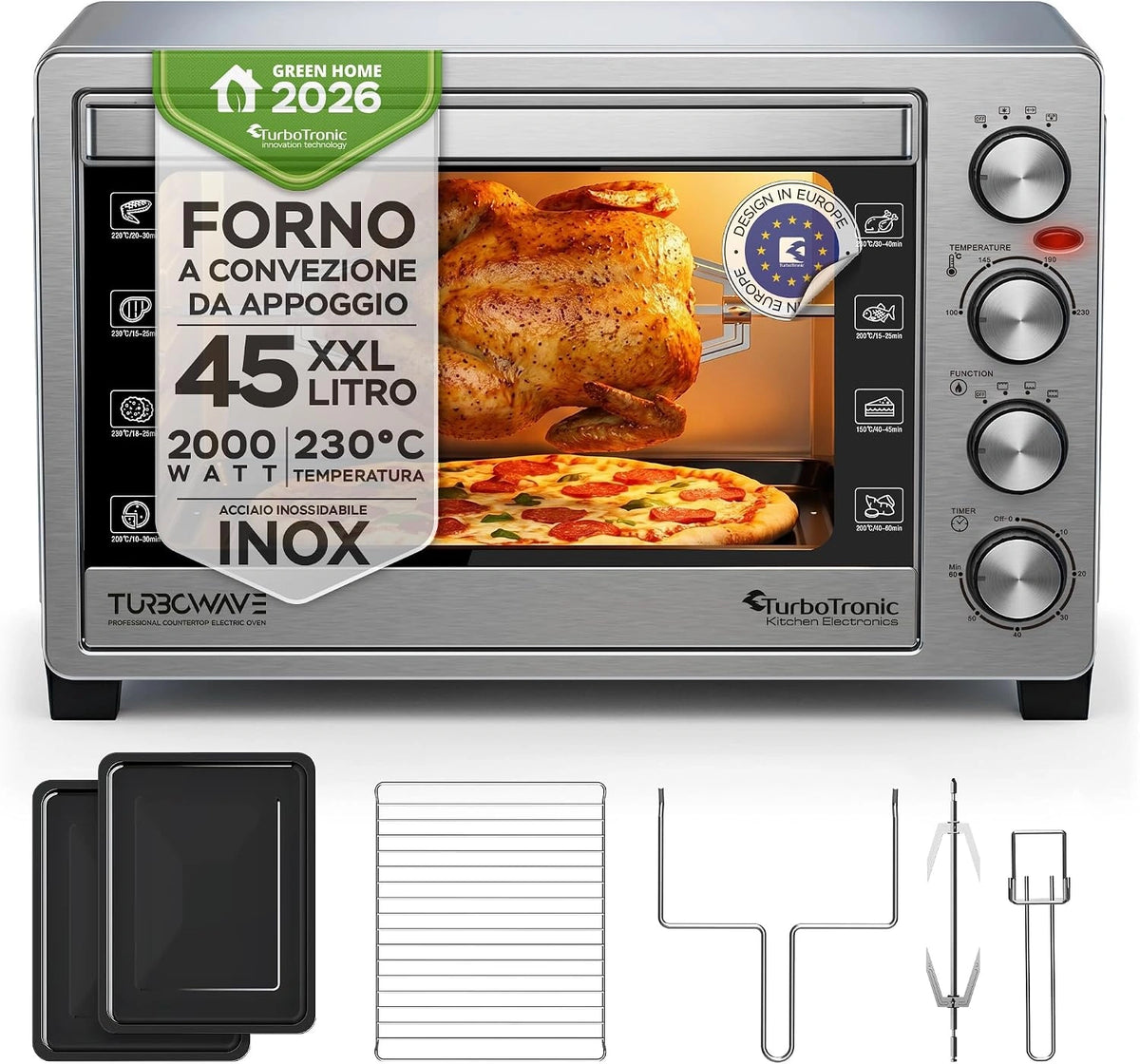 TurboTronic, Forno elettrico, 2000W, 45L, Argento