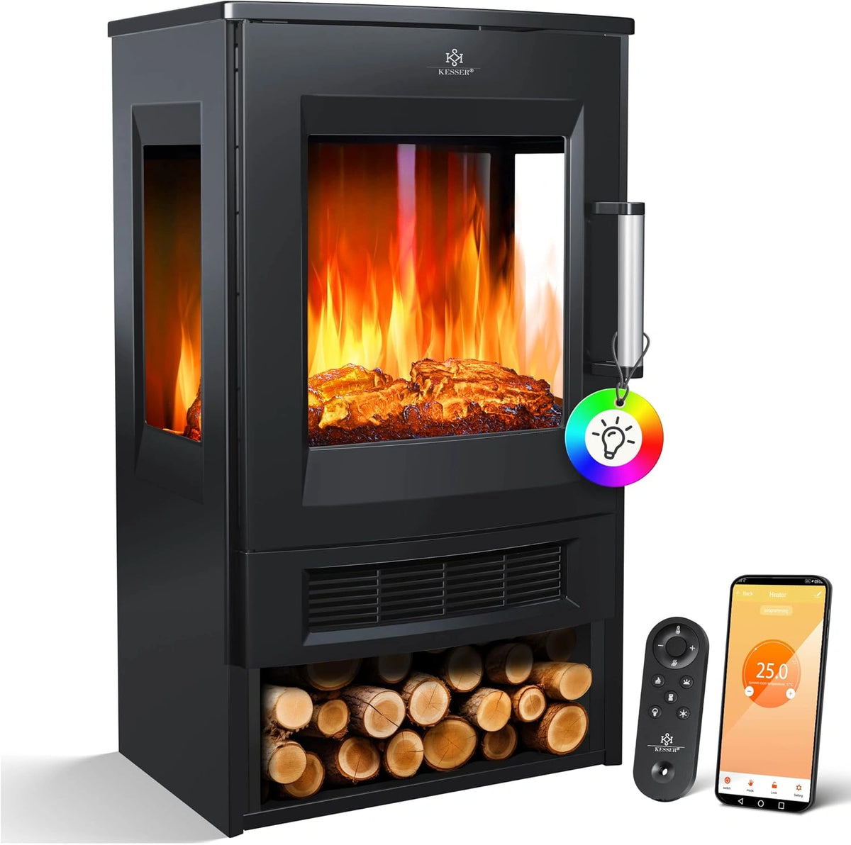 KESSER, Ventilatore, 1800 W, con Wi-Fi, con telecomando, a LED, Nero