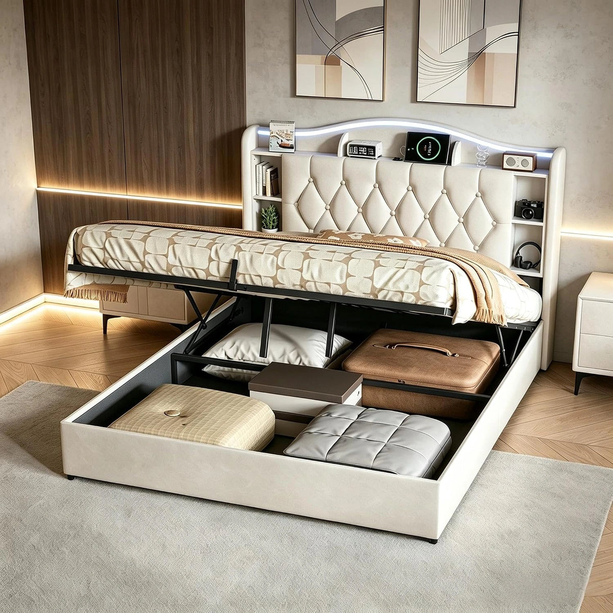 Letto, 200 cm, a LED, Beige