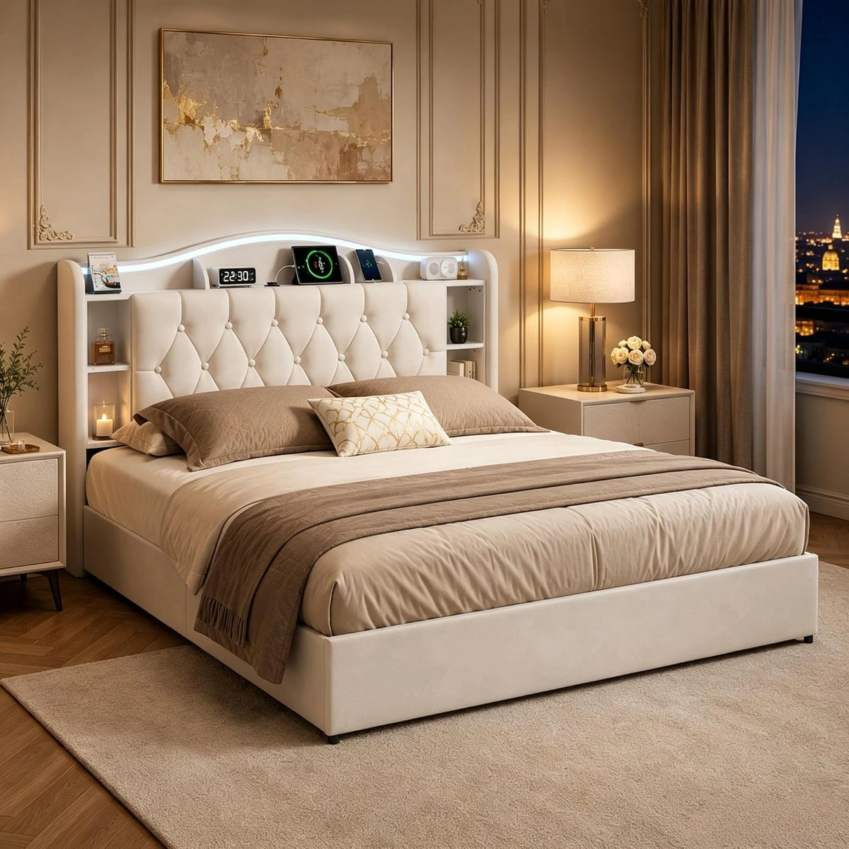 Letto, a LED, senza fili, Beige