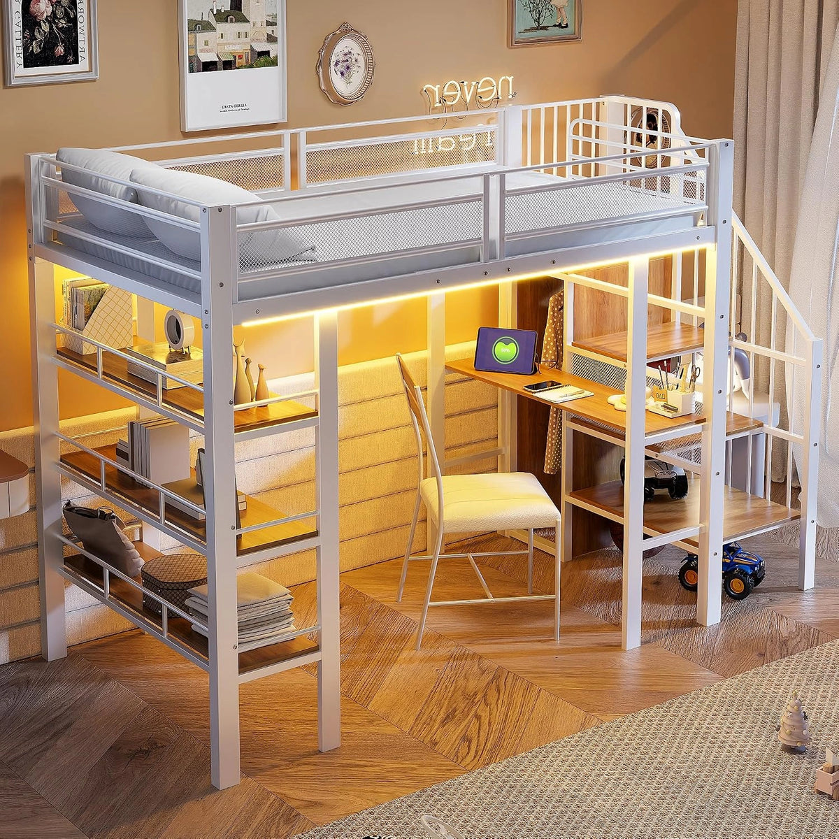Merax, Letto, 200 cm, a LED, multifunzione, Bianco